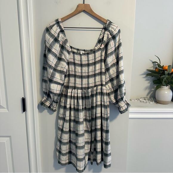 Madewell Cotton Black Blue Pink Smocked Square Neck Mini Dress Large - Picture 11 of 12